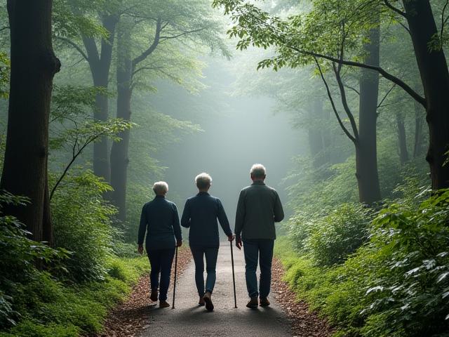 제주도의 푸른 숲길을 걷는 편안한 시니어 여행자